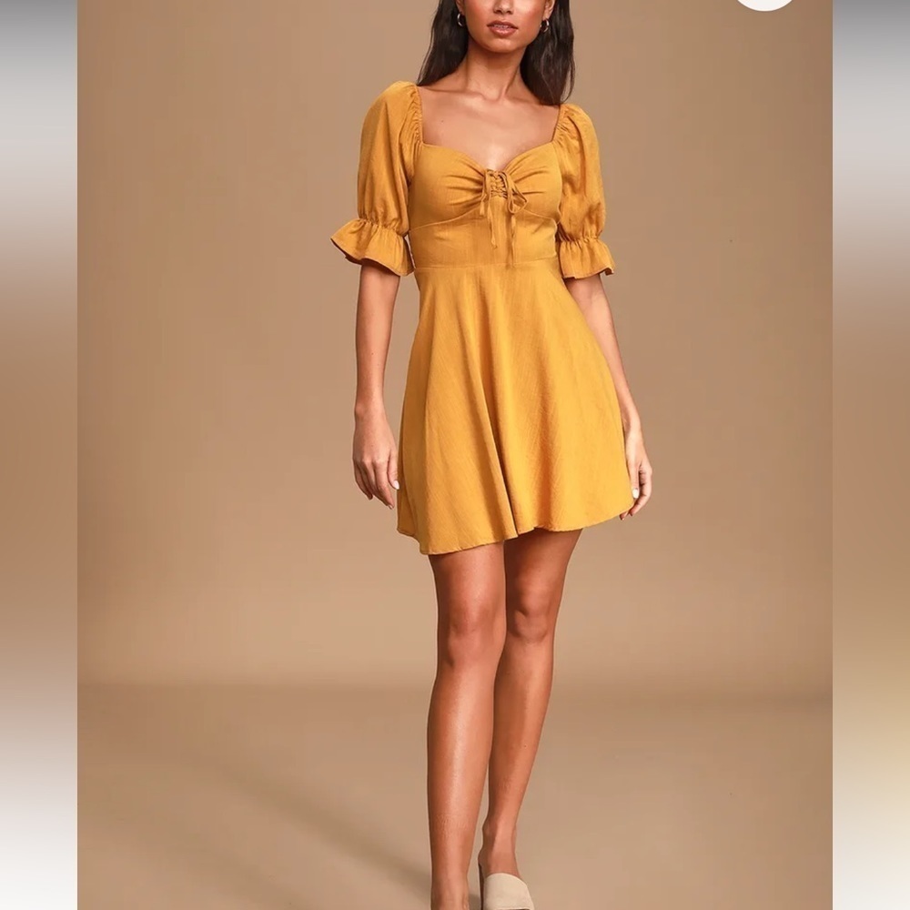 Re:named Mustard Yellow Puff Sleeve Mini Dress